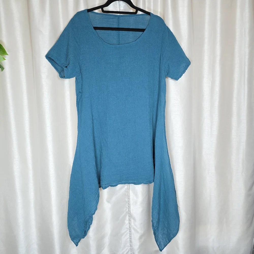 MEO MELI Made In Italy 100% Linen Tunic Top Blue Short Sleeve Lrg/XL Cottagecore - Picture 13 of 15